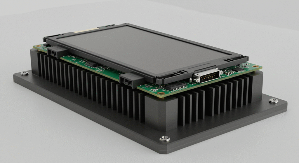 Industrial-grade LCD module mounted on a metal heatsink for thermal management