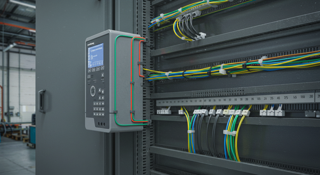 Neatly routed and secured cables in an industrial HMI panel