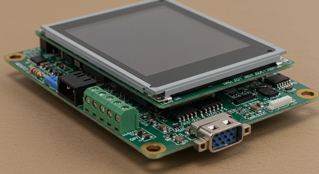 Photo of a typical embedded TFT LCD controller board, highlighting power input and interface connectors