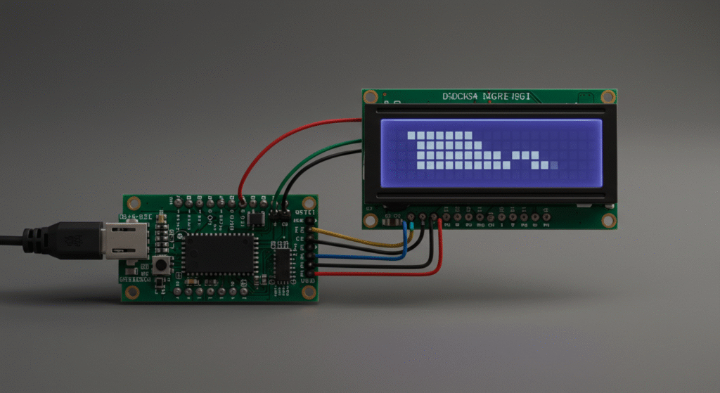 A 128x64 monochrome LCD module interfaced with a microcontroller, photographic