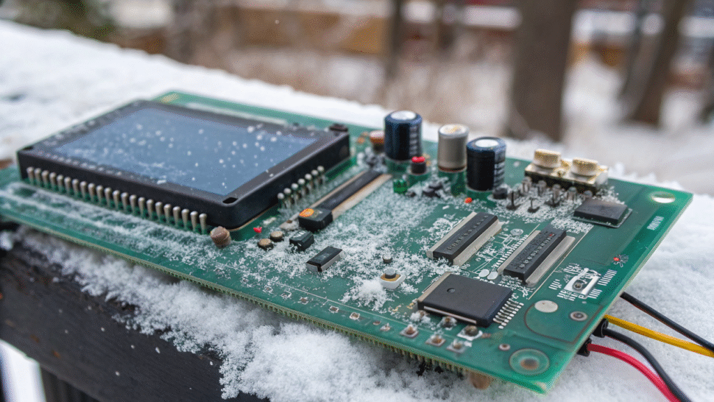 Close-up of an LCD controller circuit board, critical for display operation in cold conditions