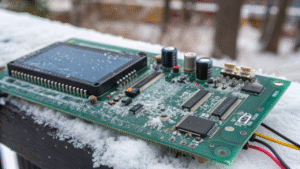 Close-up of an LCD controller circuit board, critical for display operation in cold conditions