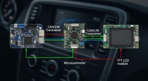 Diagram illustrating a microcontroller connected to a CANLIN transceiver and a TFT LCD module, showing data flow for real-time automotive display updates