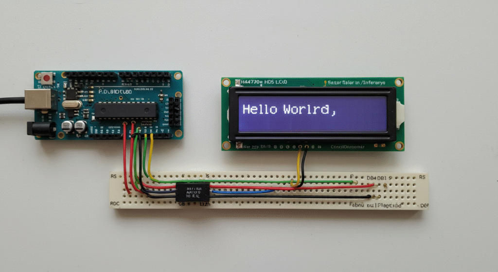 Diagram showing a 16×2 HD44780-compatible character LCD display wired to a microcontroller in parallel mode, photographic