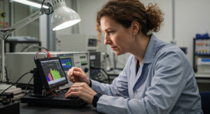 Engineer testing the gamma correction of a small LCD