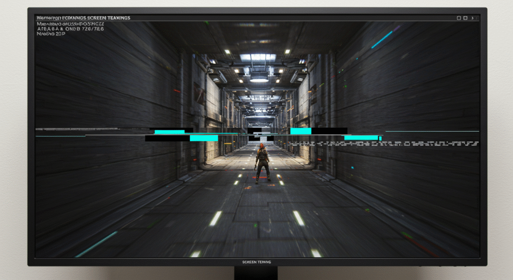 Example of screen tearing in an LCD display due to improper VSYNC timing, with misaligned image frames visible