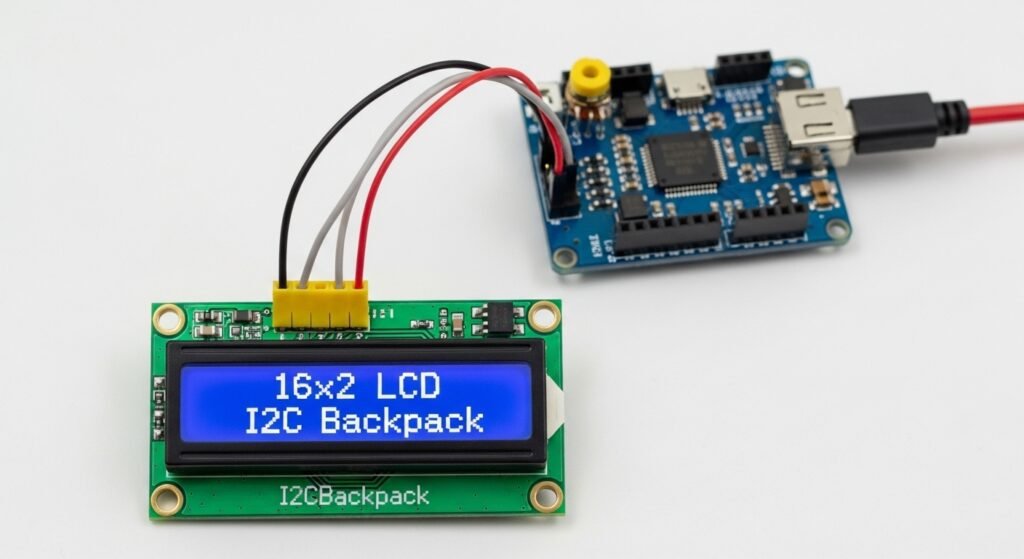 Image of a 16x2 LCD with an I2C backpack, showing reduced wiring with SDA and SCL connections to a microcontroller for simplified interfacing