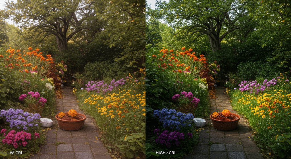 Side‑by‑side scene under low‑CRI (left) and high‑CRI (right) lighting