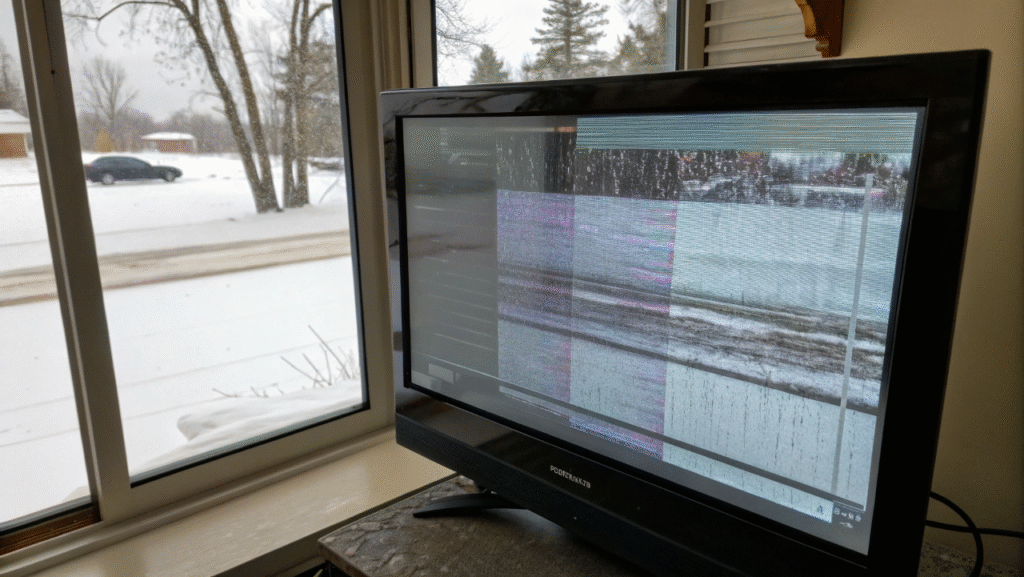 LCD screen displaying ghosting and frozen pixels in a cold, snowy environment