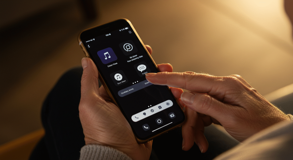 Person using a smartphone with inverted colors enabled, displaying a high-contrast interface for low vision accessibility