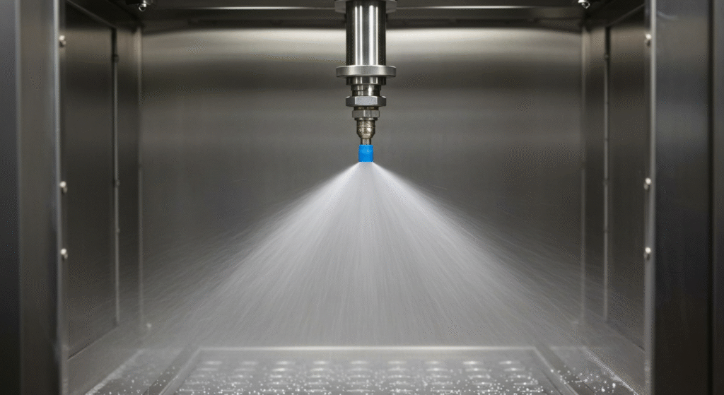 Salt spray chamber nozzle generating mist inside test chamber