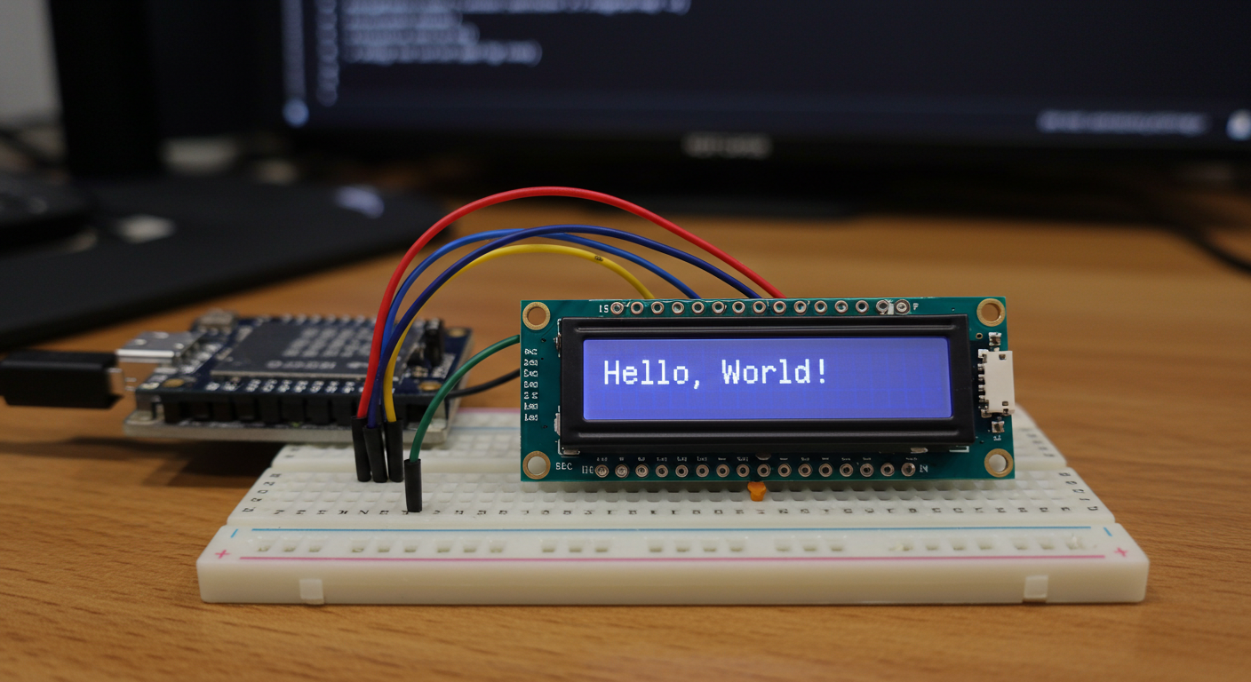 1602 LCD module connected by I2C to a microcontroller, successfully displaying 'Hello, World!' using a standard I2C library
