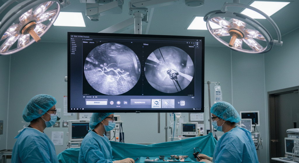 A 4K medical display in an operating room shows a real-time endoscopic image, supporting surgeons with high-luminance visuals in a clinical environment