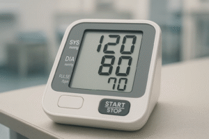 A portable blood pressure monitor with a segment LCD display shows clear blood pressure readings in a clinical setting
