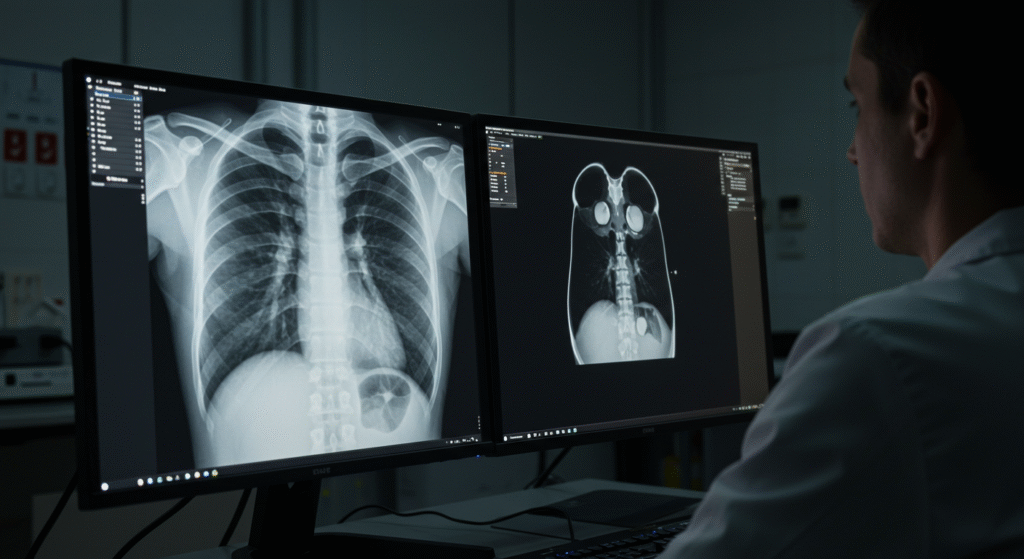 A radiologist reviews a chest X-ray on a dual-monitor medical LCD panel workstation in a clinical setting, showcasing high-resolution grayscale imaging