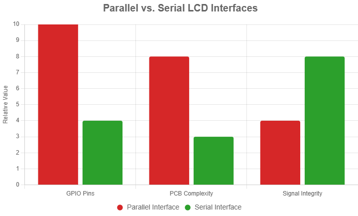 Bar chart comparing parallel and serial LCD interfaces, showing differences in GPIO pin requirements, PCB complexity, and signal integrity for MCU communication