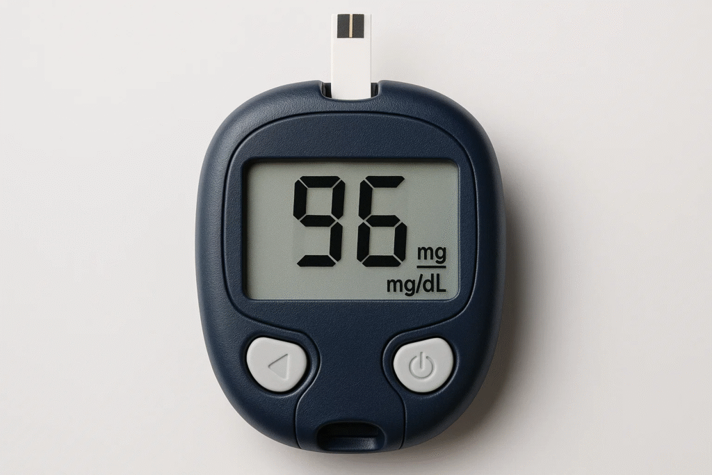 Close-up of a portable blood glucose meter with a segment LCD display showing a numerical reading, highlighting power efficiency and durability