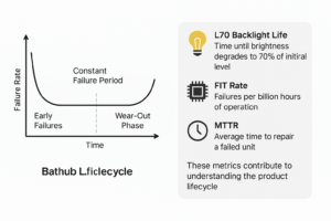 Graphic of the bathtub reliability curve for LCD modules, with callouts explaining L70 backlight life, FIT rate, and MTTR as supplementary metrics
