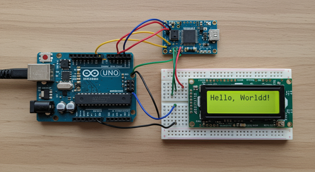 Photograph of a level shifter board wired between an Arduino Uno and a 3.3V 16x2 LCD module with an I2C backpack, showing labeled connections for power, ground, and I2C signals