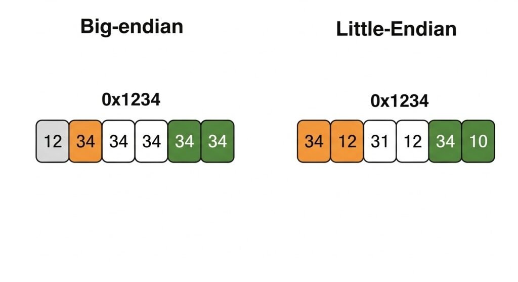 Visually illustrates the difference between big-endian and little-endian storage of a 16-bit value (0x1234) in memory, showing how bytes are arranged (12 34 for big-endian, 34 12 for little-endian)