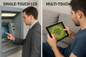 Illustration comparing single-touch and multi-touch LCD screens, showing one finger tap on a single-touch screen and multiple finger gestures on a multi-touch screen