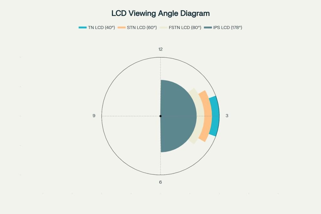 Viewing angle comparison diagram for different LCD technologies showing angular coverage