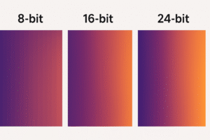 Visual comparison of color depth showing gradient quality differences between 8-bit, 16-bit, and 24-bit displays