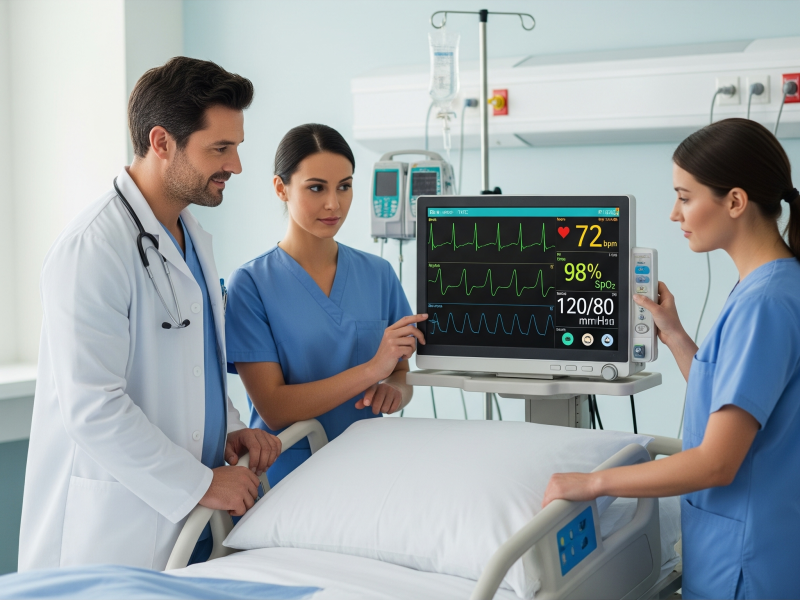Photograph of a medical device with an IPS LCD screen viewed by multiple healthcare professionals in a hospital room